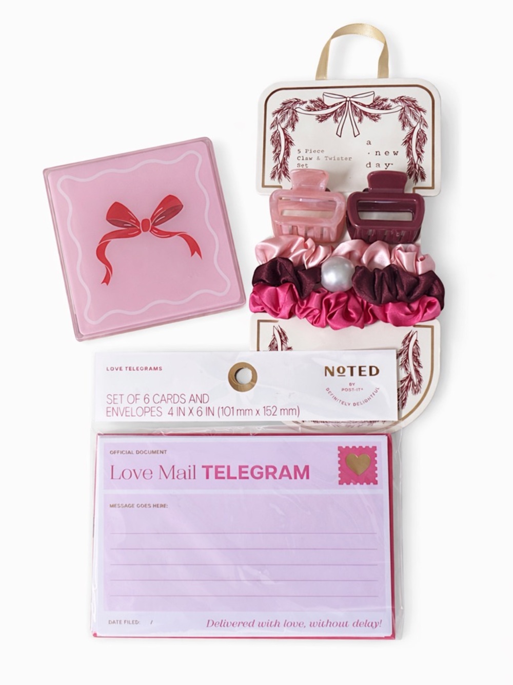 Girly Bundle 🎀 4pc Bow Coasters, Scrunchie Set & Love Telegram Cards
